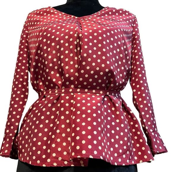 Skies Are Blue brick red and tan polka dot tie waist short length blouse size SP - Picture 5 of 14